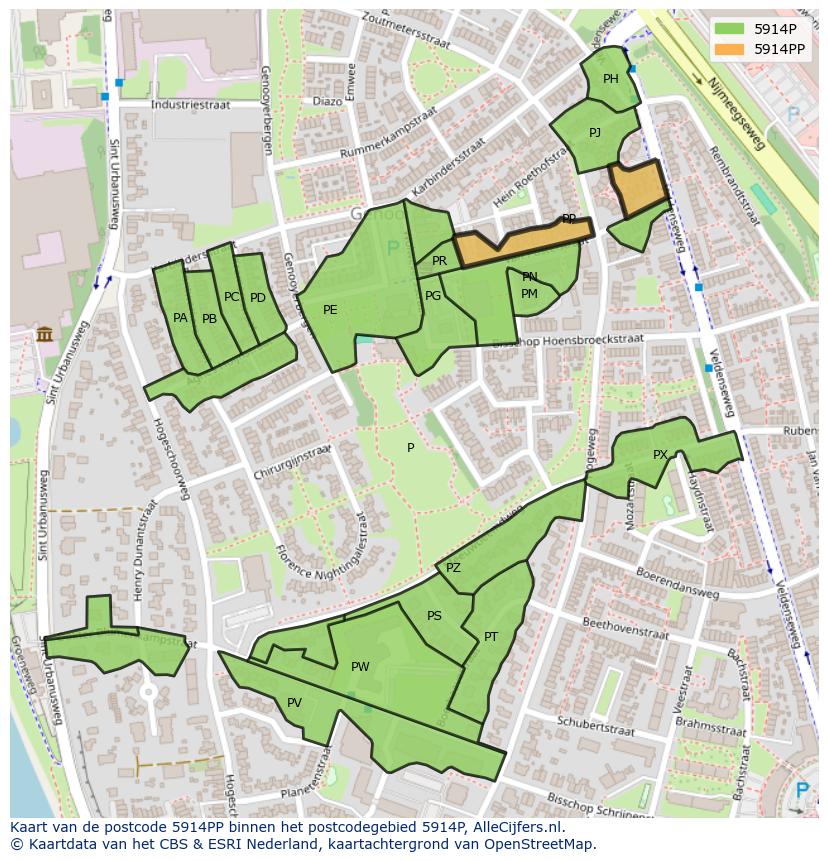 Afbeelding van het postcodegebied 5914 PP op de kaart.