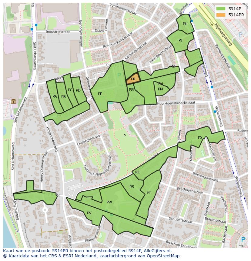 Afbeelding van het postcodegebied 5914 PR op de kaart.
