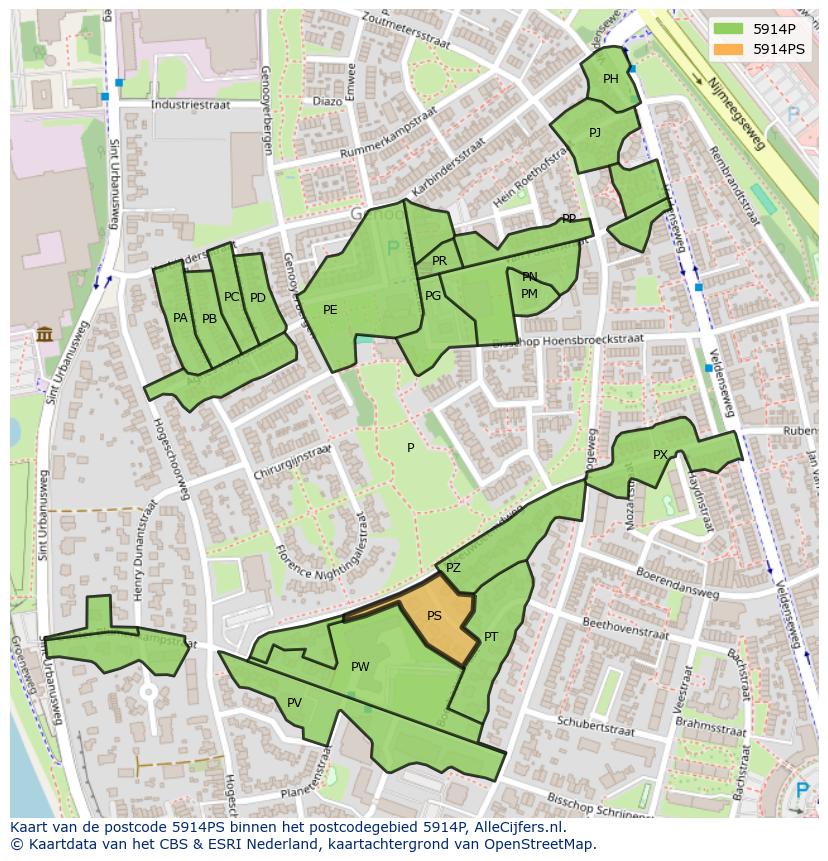 Afbeelding van het postcodegebied 5914 PS op de kaart.