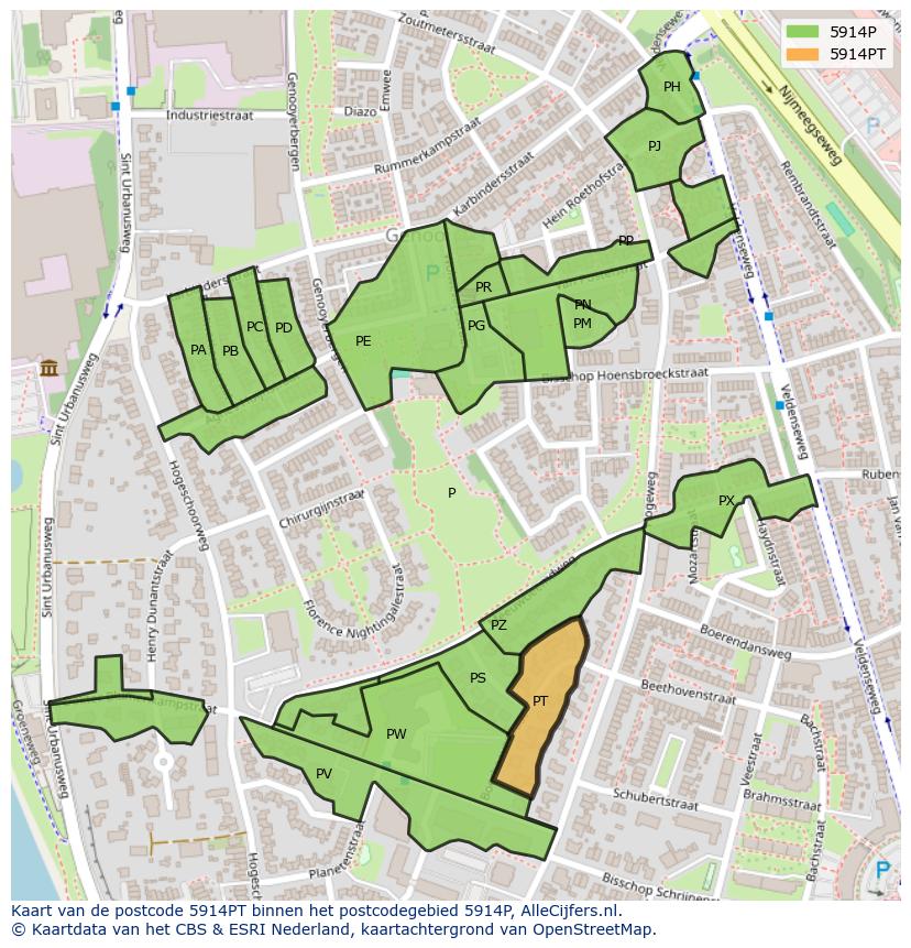 Afbeelding van het postcodegebied 5914 PT op de kaart.