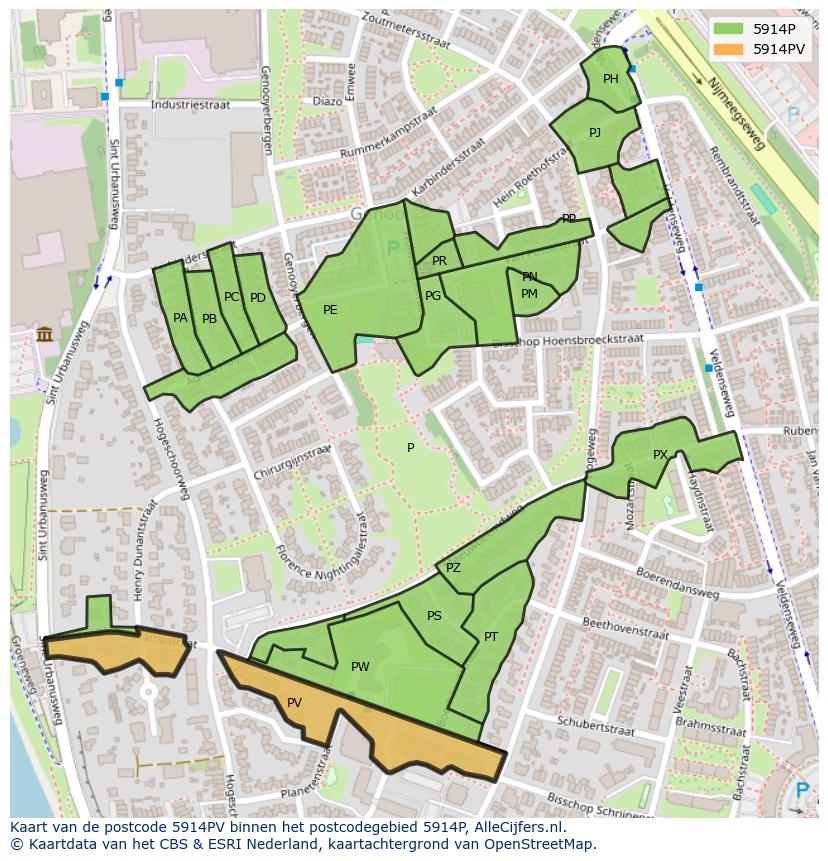Afbeelding van het postcodegebied 5914 PV op de kaart.