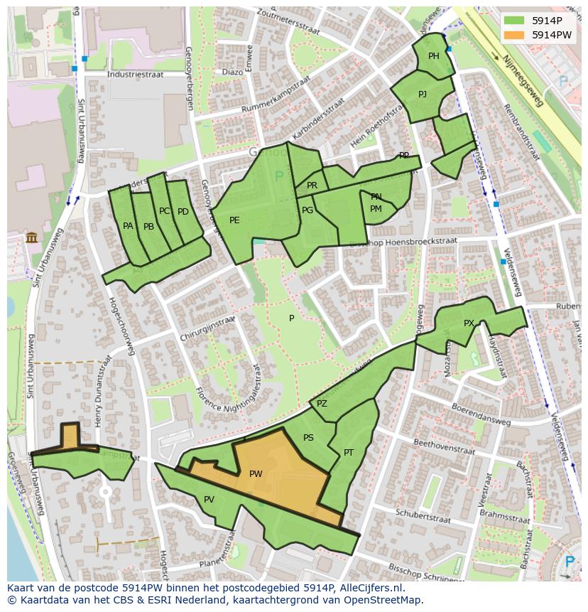 Afbeelding van het postcodegebied 5914 PW op de kaart.