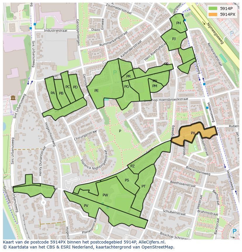 Afbeelding van het postcodegebied 5914 PX op de kaart.