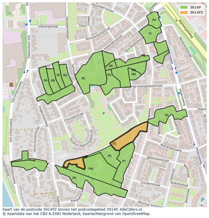 Afbeelding van het postcodegebied 5914 PZ op de kaart.