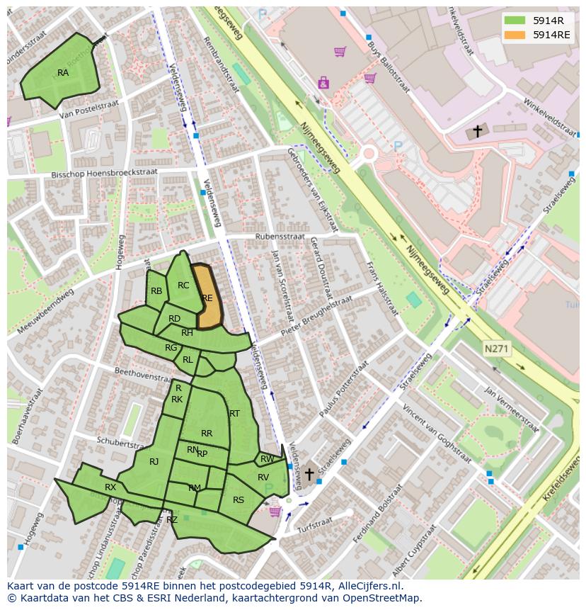 Afbeelding van het postcodegebied 5914 RE op de kaart.