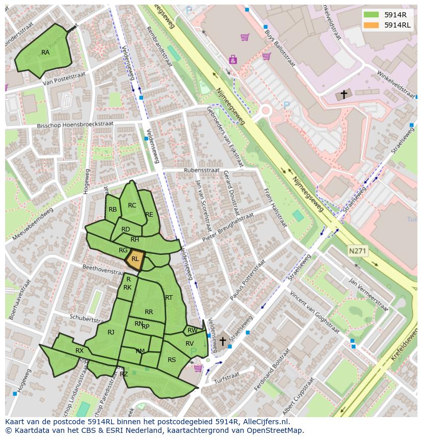 Afbeelding van het postcodegebied 5914 RL op de kaart.
