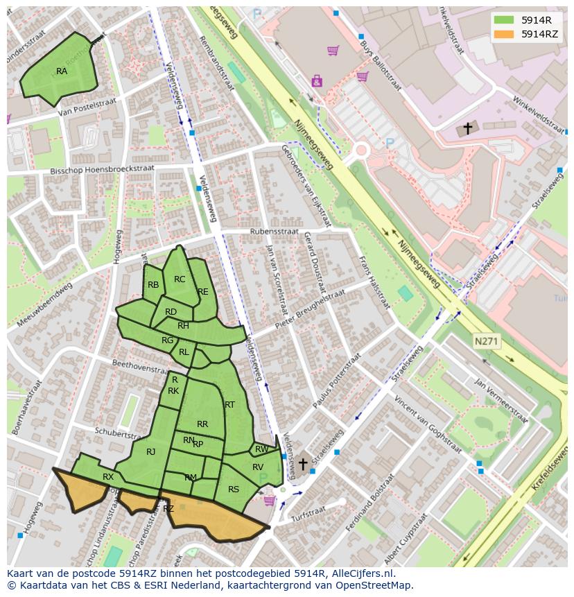 Afbeelding van het postcodegebied 5914 RZ op de kaart.