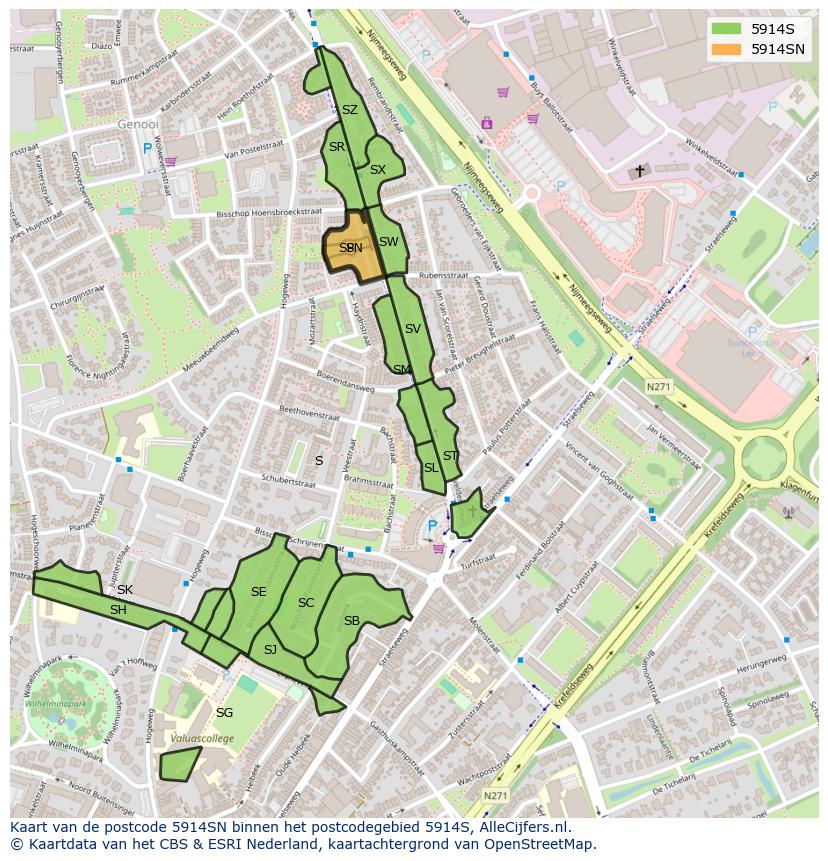Afbeelding van het postcodegebied 5914 SN op de kaart.