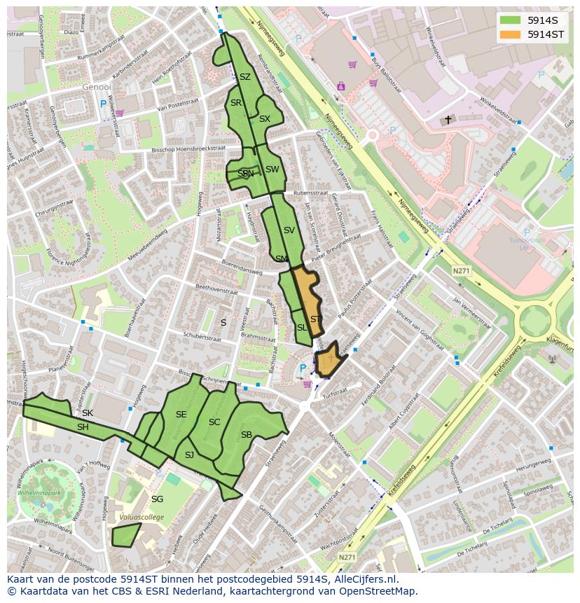 Afbeelding van het postcodegebied 5914 ST op de kaart.