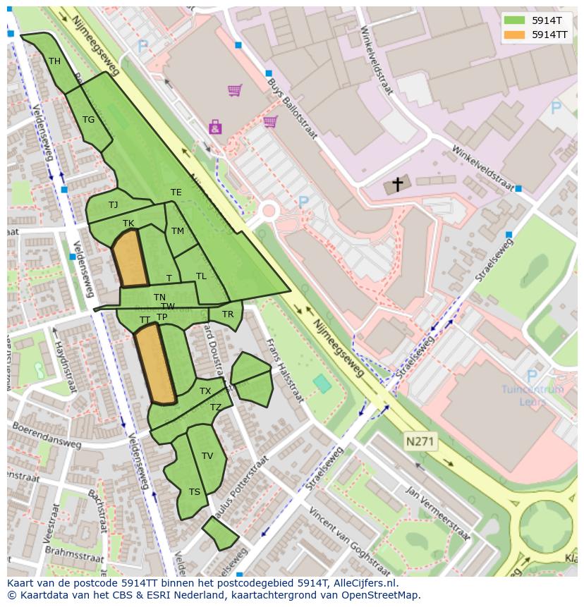 Afbeelding van het postcodegebied 5914 TT op de kaart.