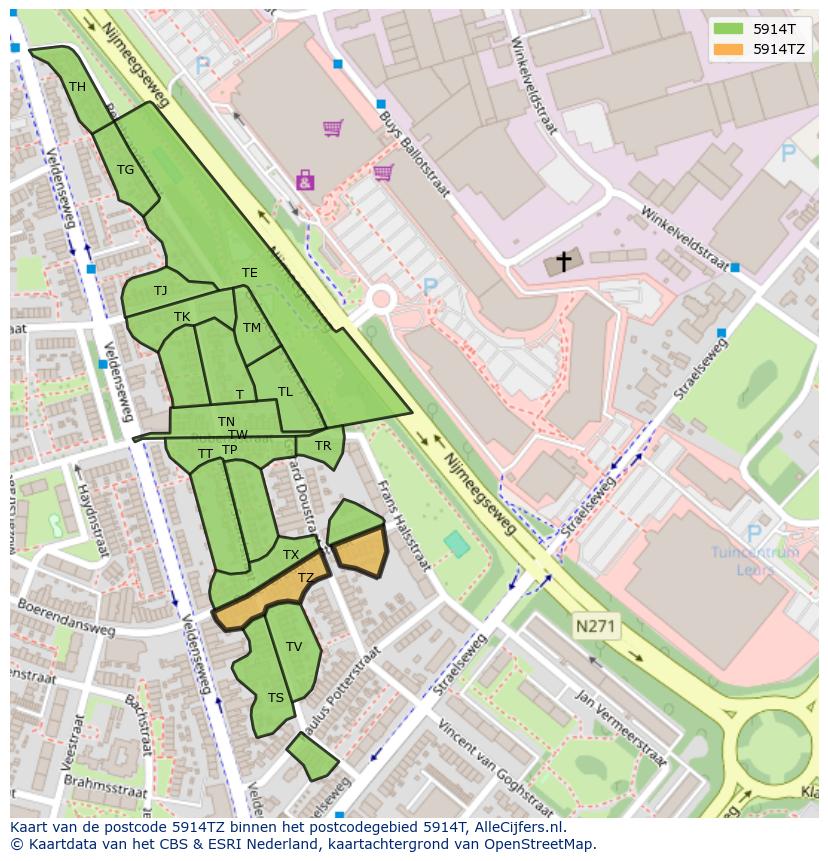 Afbeelding van het postcodegebied 5914 TZ op de kaart.