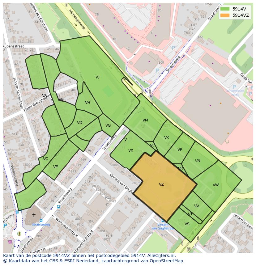 Afbeelding van het postcodegebied 5914 VZ op de kaart.