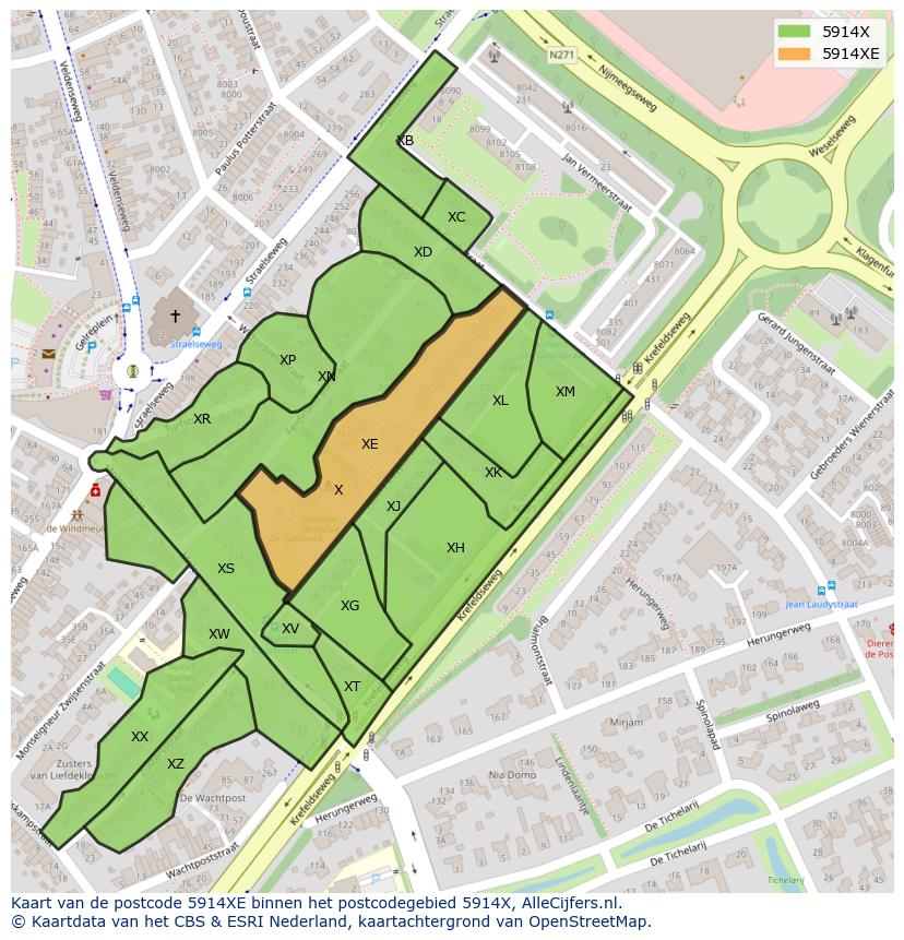 Afbeelding van het postcodegebied 5914 XE op de kaart.