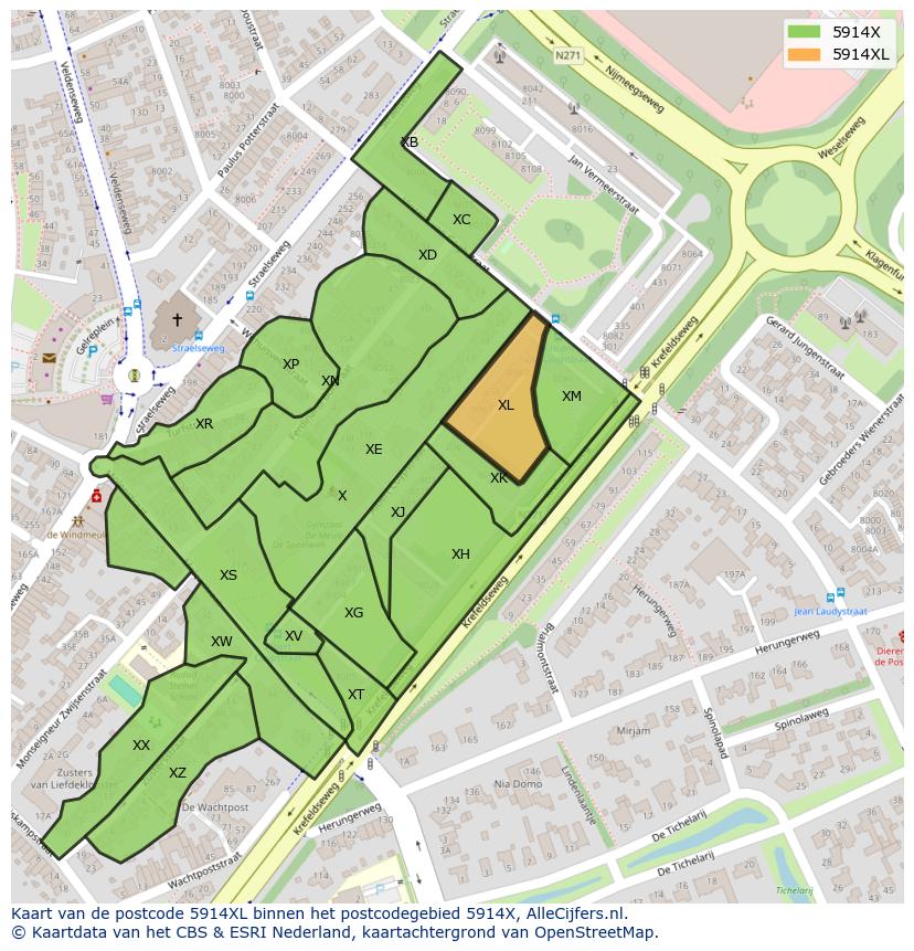 Afbeelding van het postcodegebied 5914 XL op de kaart.