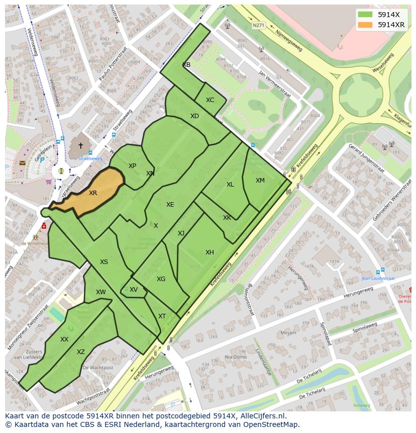Afbeelding van het postcodegebied 5914 XR op de kaart.