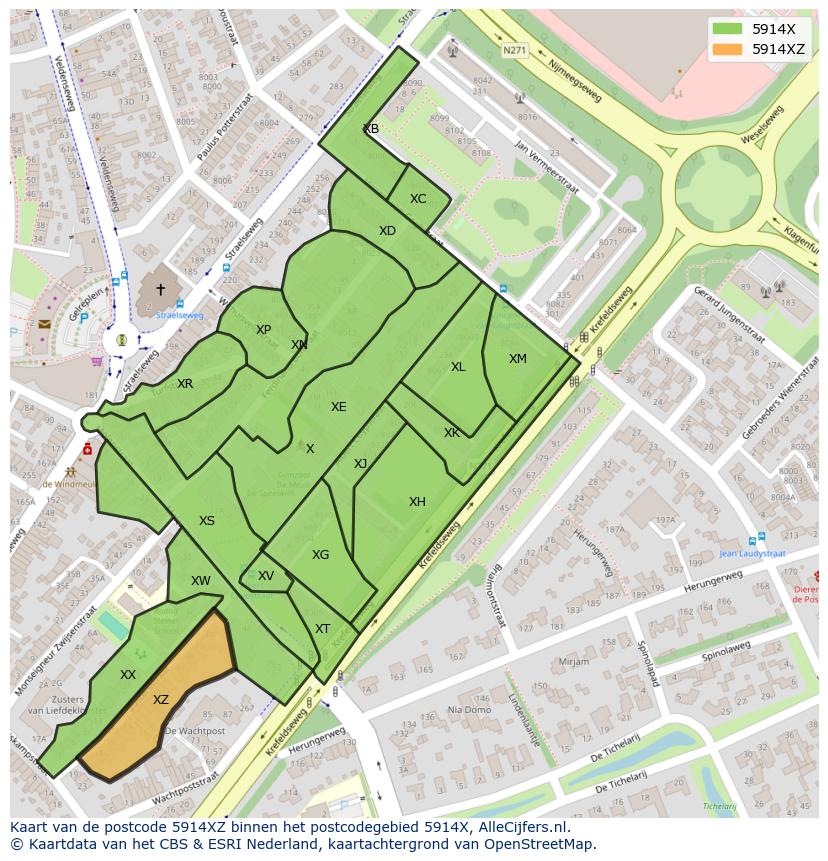 Afbeelding van het postcodegebied 5914 XZ op de kaart.