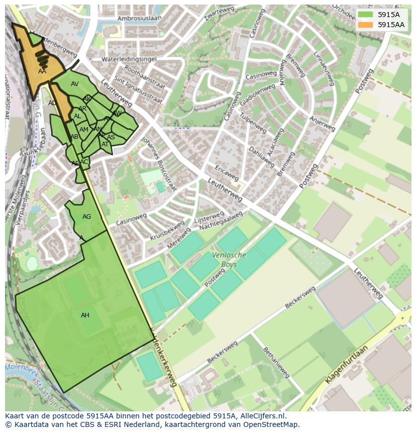 Afbeelding van het postcodegebied 5915 AA op de kaart.
