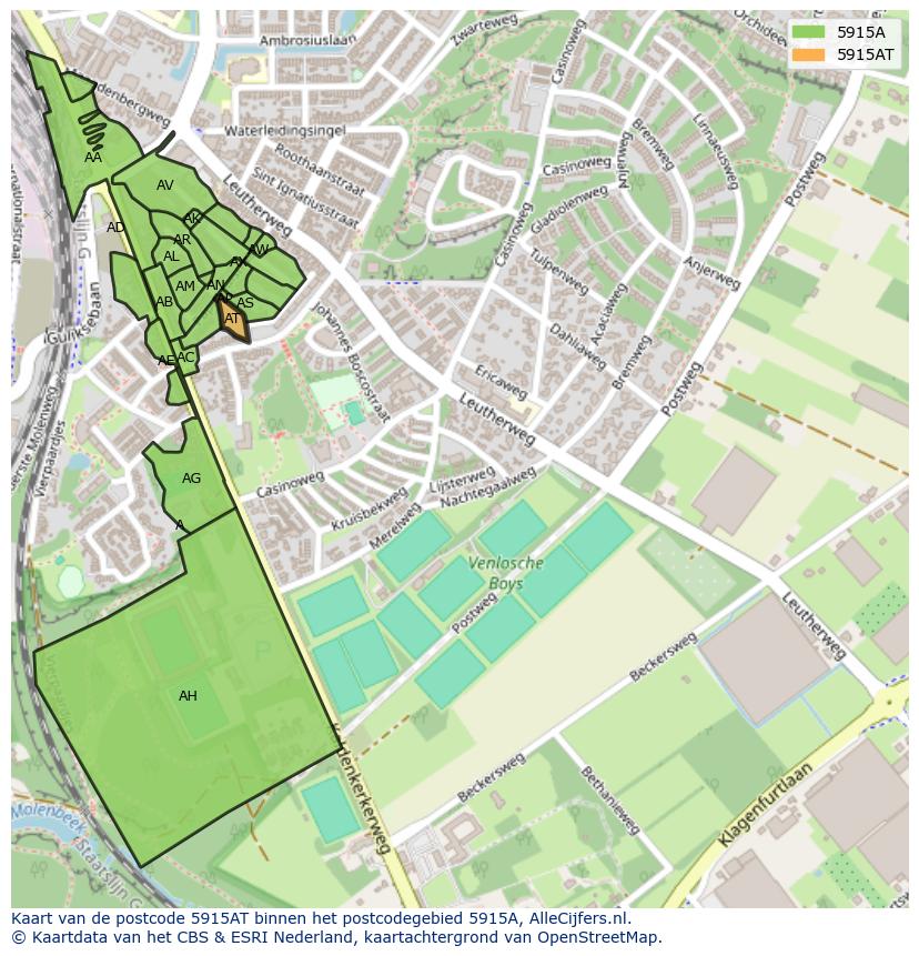 Afbeelding van het postcodegebied 5915 AT op de kaart.