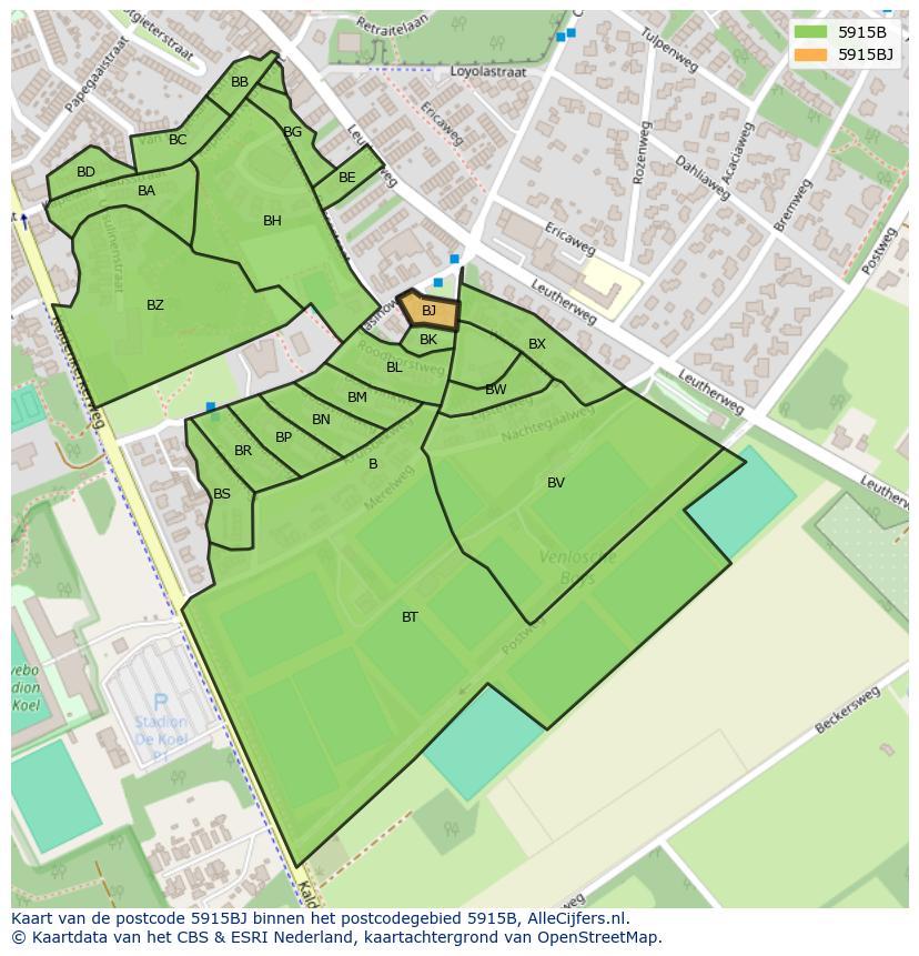 Afbeelding van het postcodegebied 5915 BJ op de kaart.