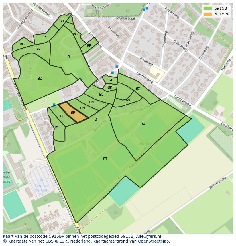 Afbeelding van het postcodegebied 5915 BP op de kaart.