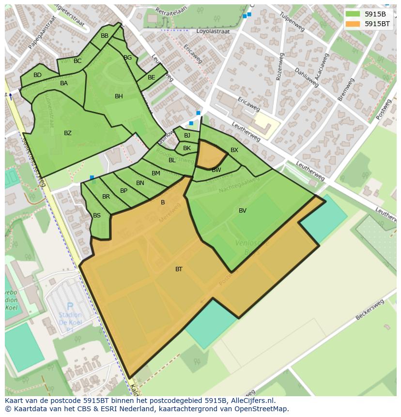 Afbeelding van het postcodegebied 5915 BT op de kaart.