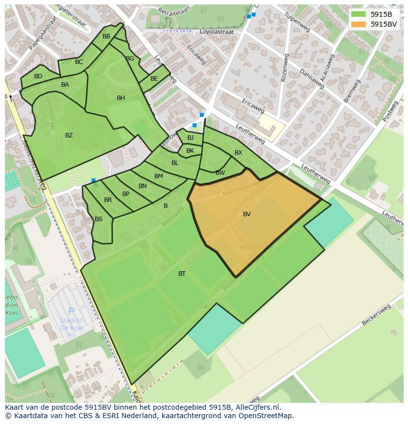 Afbeelding van het postcodegebied 5915 BV op de kaart.