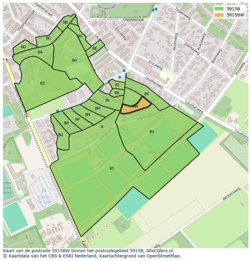 Afbeelding van het postcodegebied 5915 BW op de kaart.
