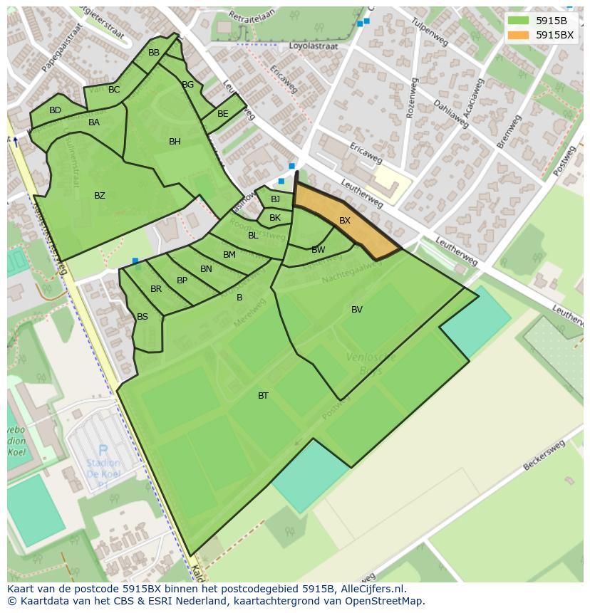 Afbeelding van het postcodegebied 5915 BX op de kaart.