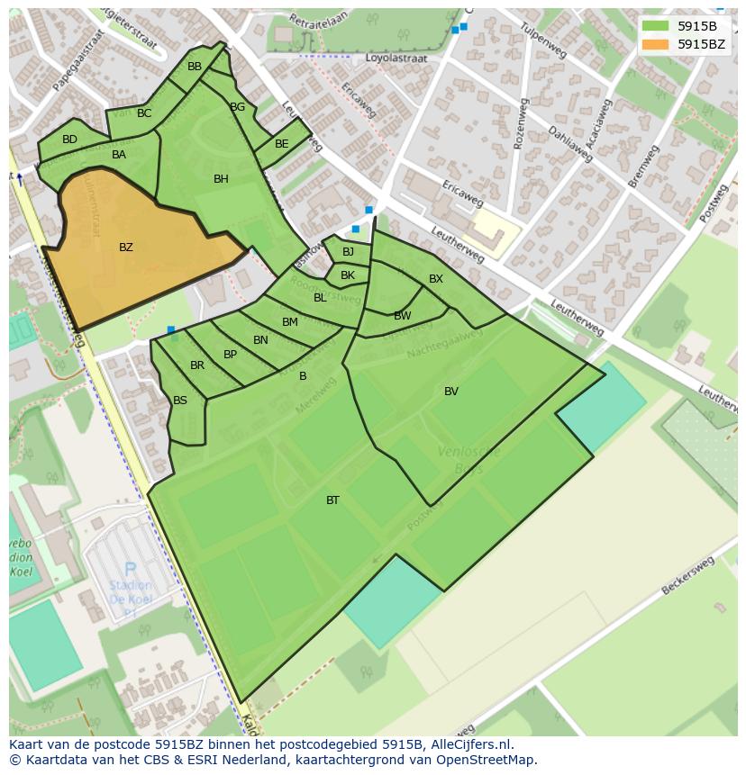 Afbeelding van het postcodegebied 5915 BZ op de kaart.