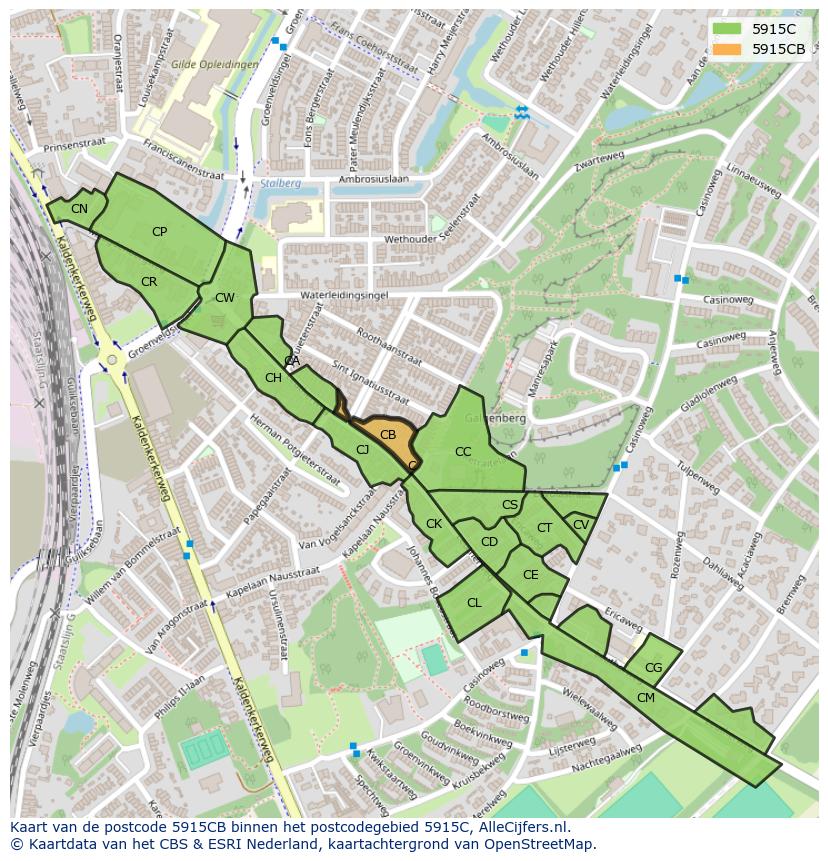 Afbeelding van het postcodegebied 5915 CB op de kaart.