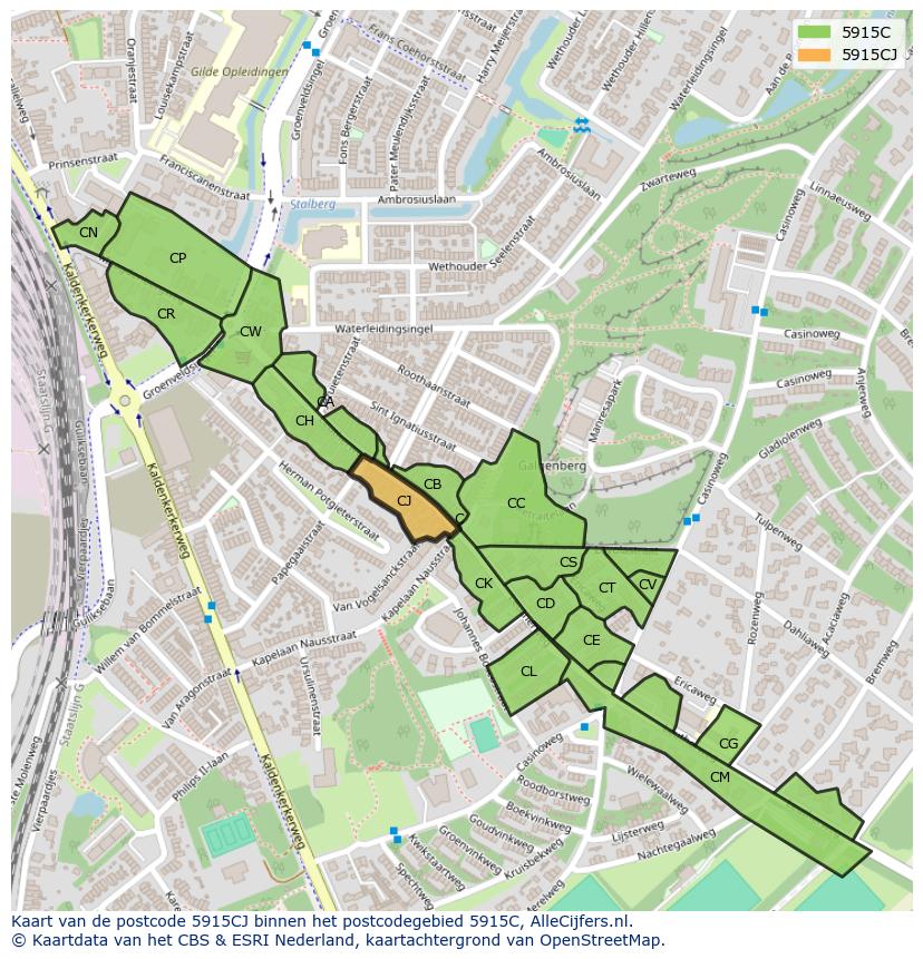 Afbeelding van het postcodegebied 5915 CJ op de kaart.