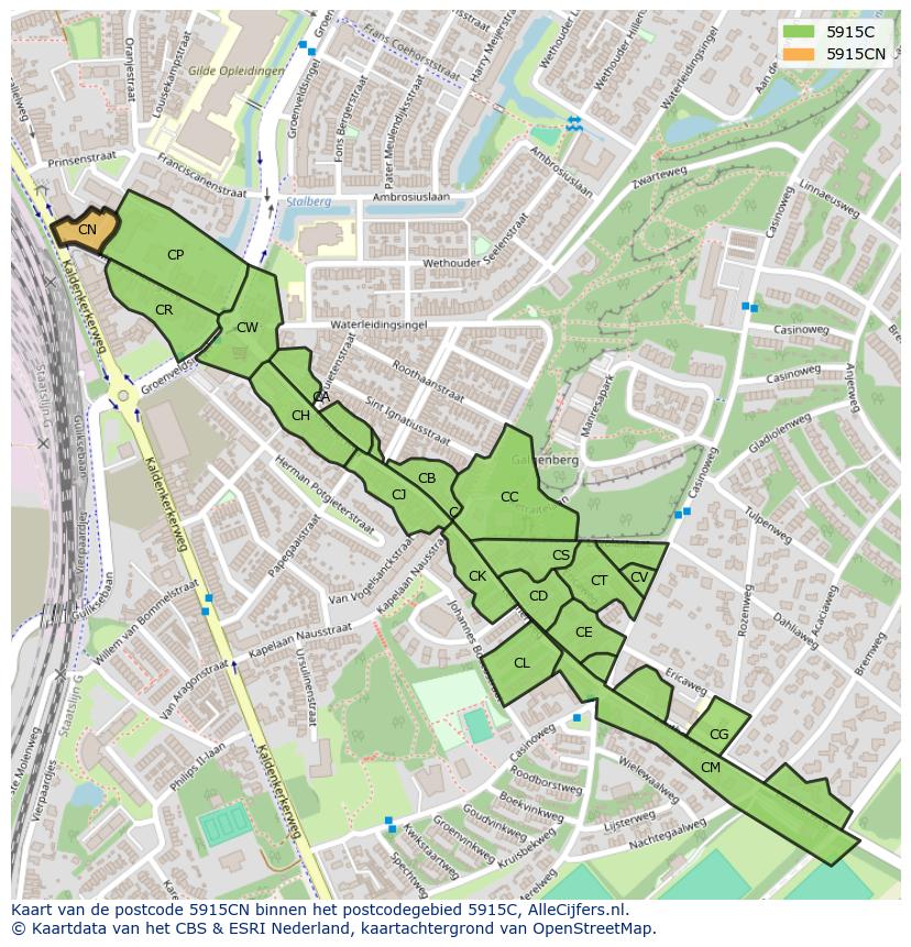 Afbeelding van het postcodegebied 5915 CN op de kaart.