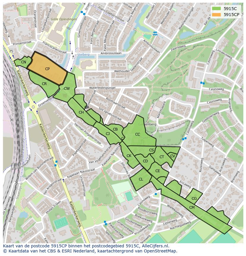 Afbeelding van het postcodegebied 5915 CP op de kaart.