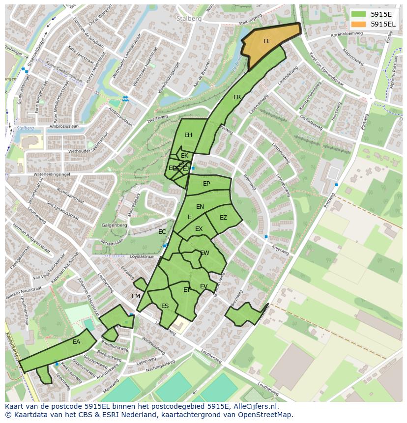 Afbeelding van het postcodegebied 5915 EL op de kaart.