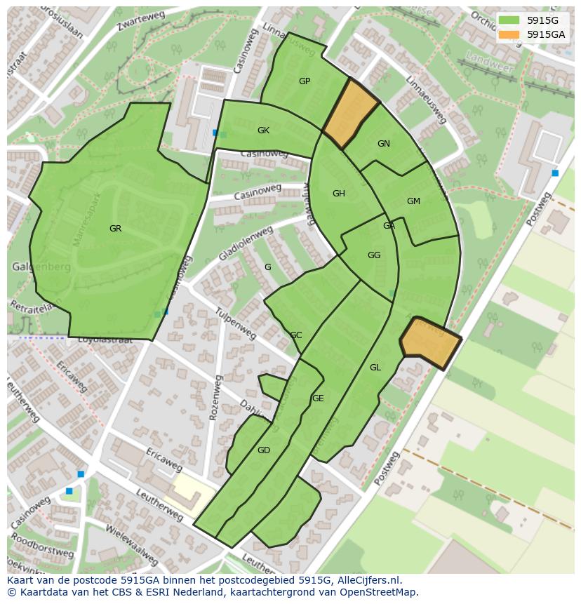 Afbeelding van het postcodegebied 5915 GA op de kaart.