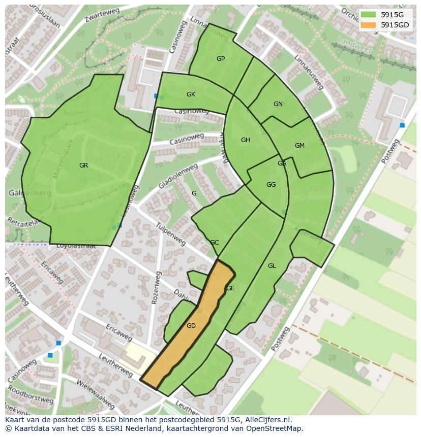 Afbeelding van het postcodegebied 5915 GD op de kaart.