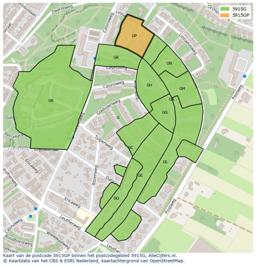 Afbeelding van het postcodegebied 5915 GP op de kaart.