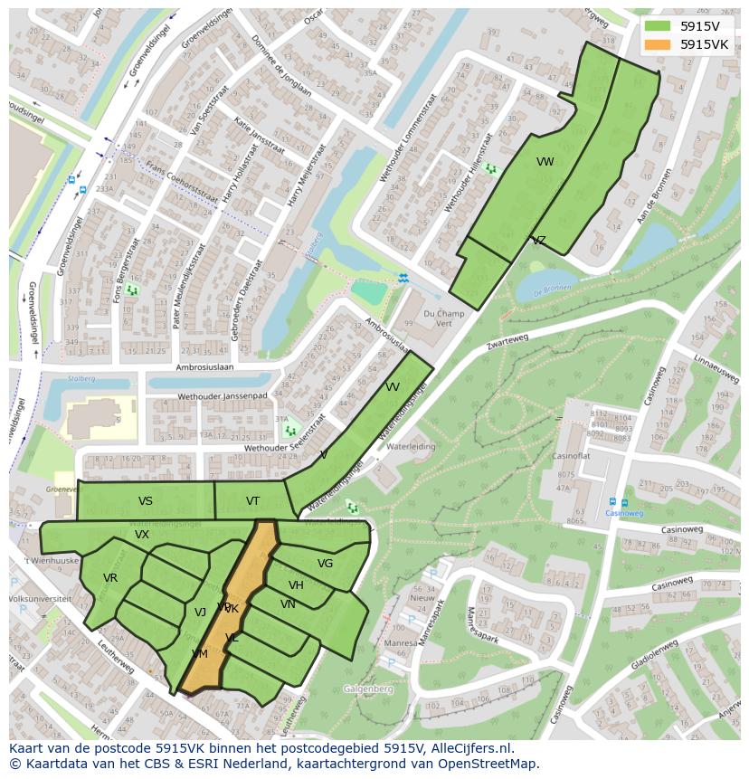 Afbeelding van het postcodegebied 5915 VK op de kaart.