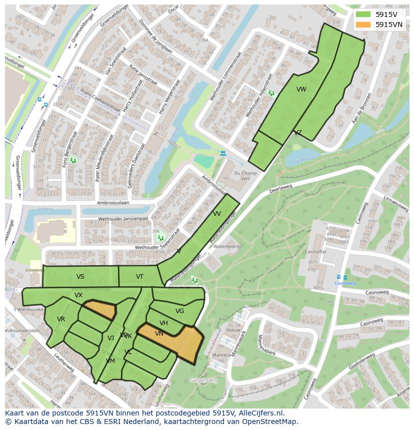 Afbeelding van het postcodegebied 5915 VN op de kaart.