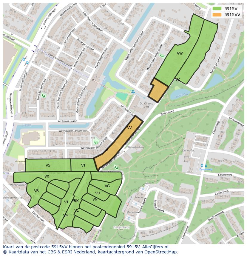 Afbeelding van het postcodegebied 5915 VV op de kaart.