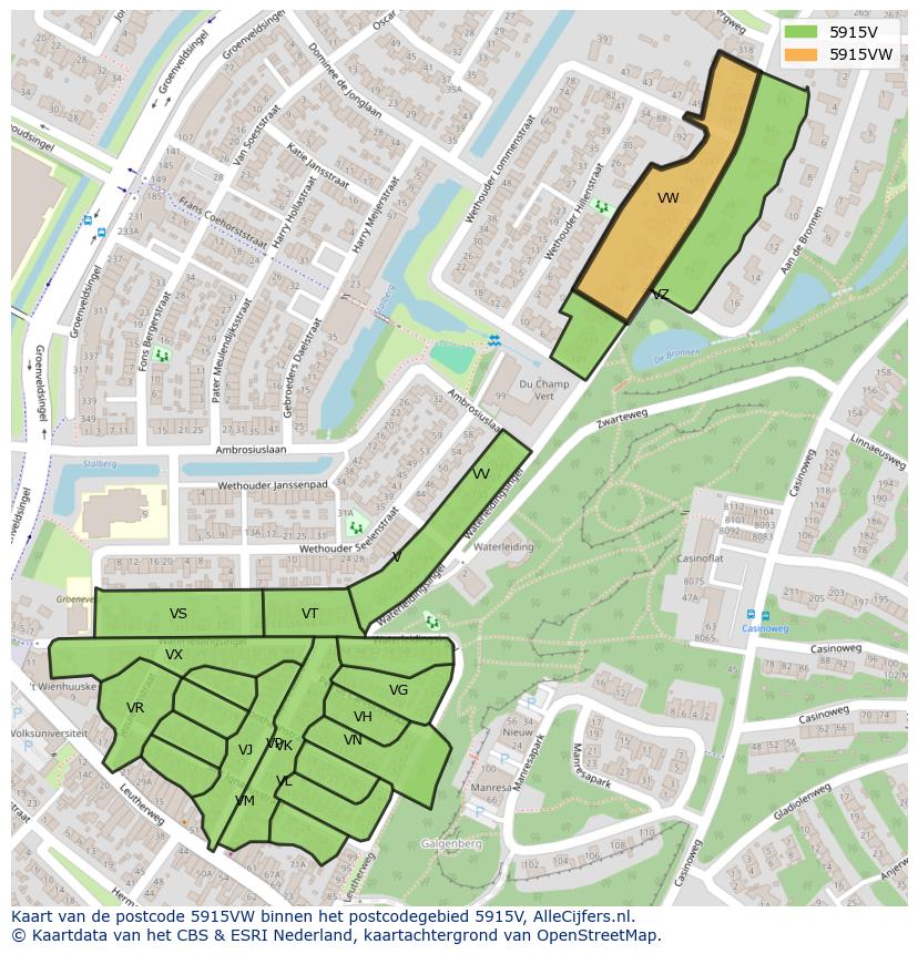 Afbeelding van het postcodegebied 5915 VW op de kaart.