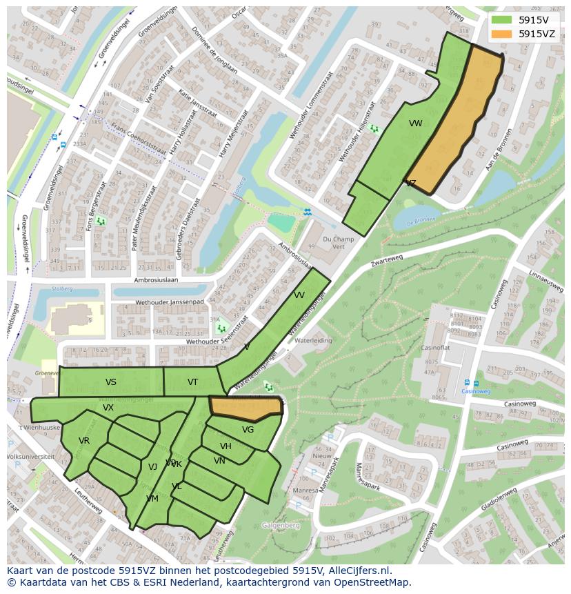 Afbeelding van het postcodegebied 5915 VZ op de kaart.
