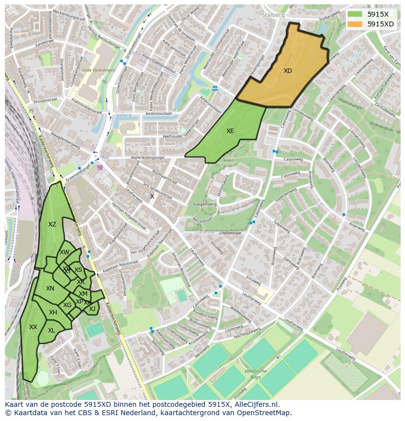Afbeelding van het postcodegebied 5915 XD op de kaart.