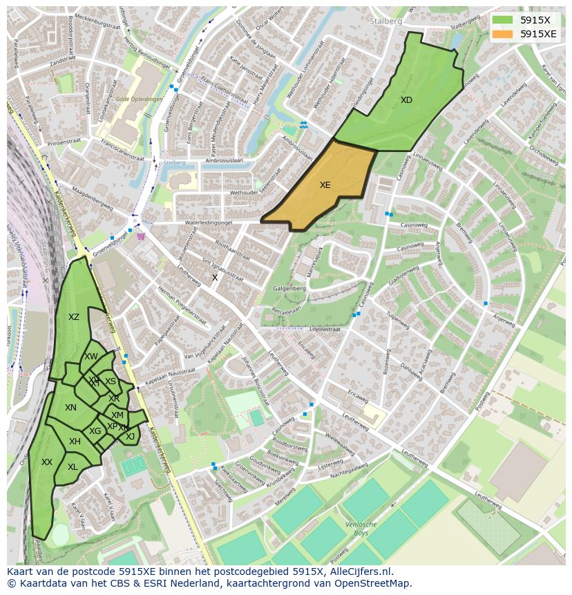 Afbeelding van het postcodegebied 5915 XE op de kaart.