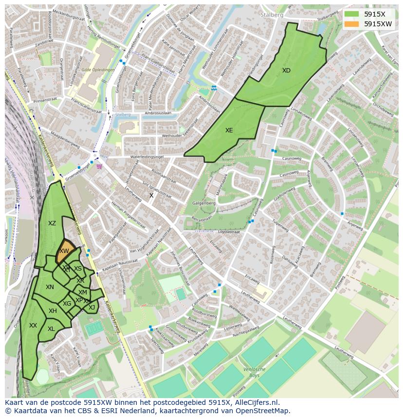 Afbeelding van het postcodegebied 5915 XW op de kaart.