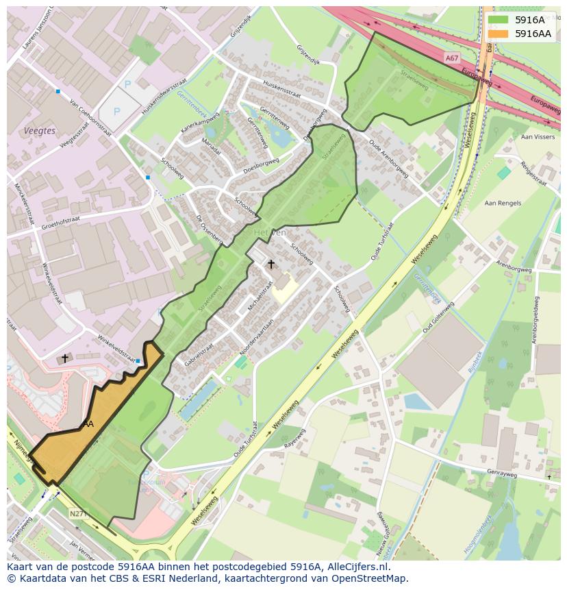 Afbeelding van het postcodegebied 5916 AA op de kaart.
