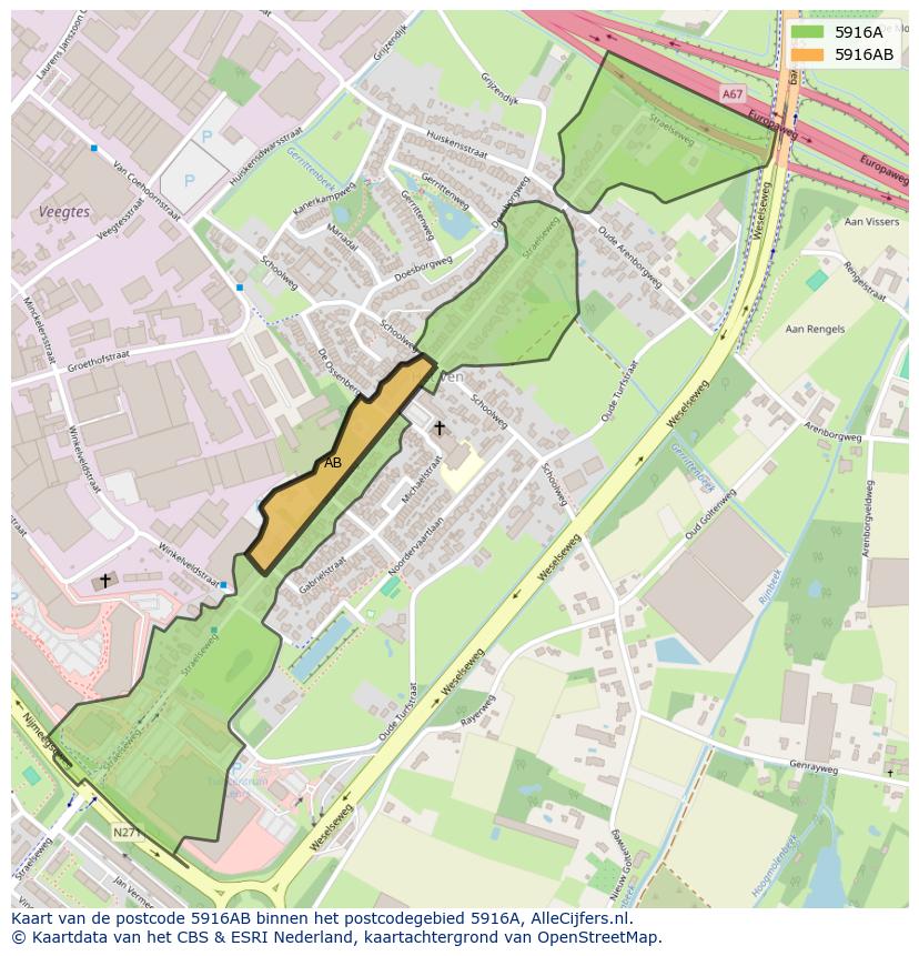 Afbeelding van het postcodegebied 5916 AB op de kaart.