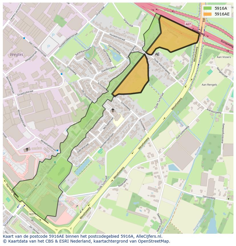 Afbeelding van het postcodegebied 5916 AE op de kaart.