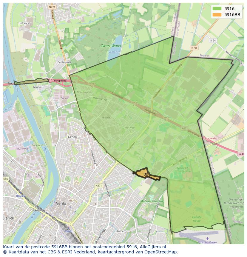 Afbeelding van het postcodegebied 5916 BB op de kaart.