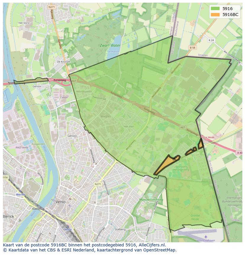 Afbeelding van het postcodegebied 5916 BC op de kaart.